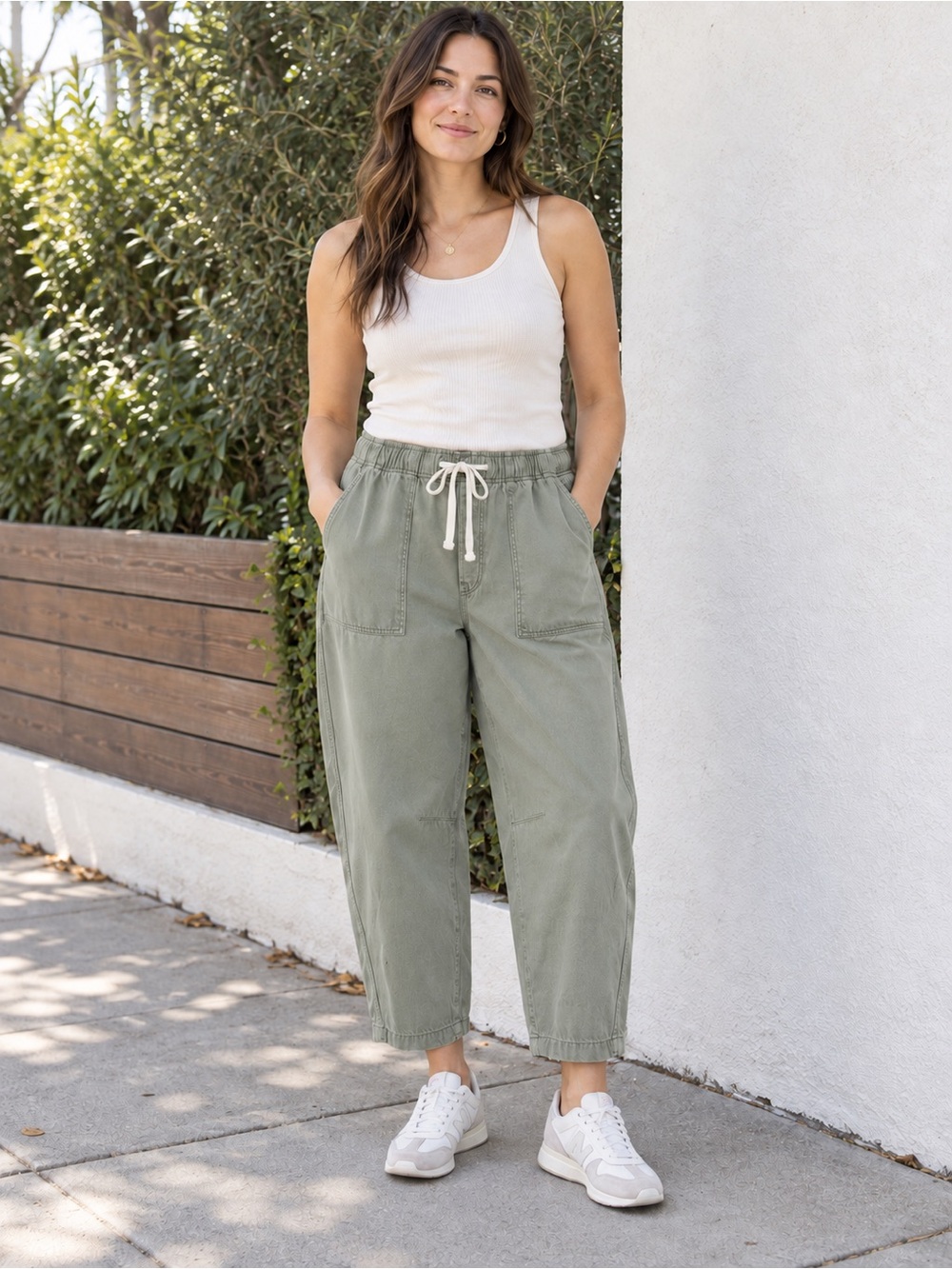 GAP Denim Olive Pull-On Barrel Pants Drawstring Utility, Minimalist, Xl